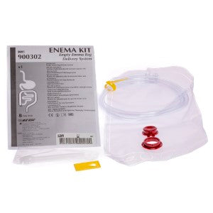 EZ-EM large volume 2.5 liter empty enema bag with red snap-cap closure, clear tubing, and clamp.