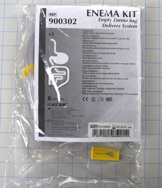 Sealed packaging for EZ-EM 2.5 liter snap cap empty enema bag delivery system item number 900302