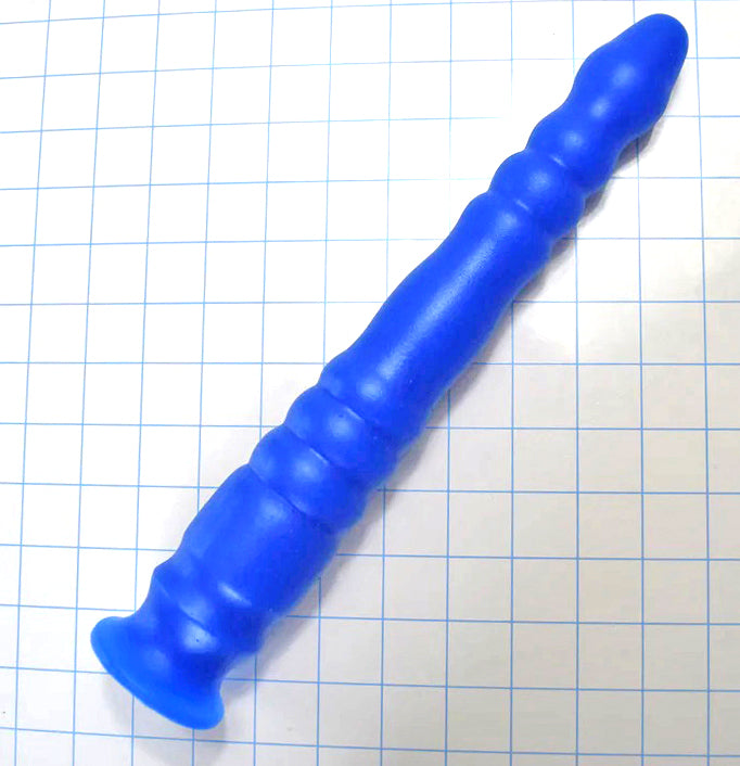 GRB 152 13-inch enhanced rib-style colon nozzle in vibrant blue silicone on a grid background, showcasing the 1.5-inch tip ribs, smooth mid-section, and 2-inch base ribs