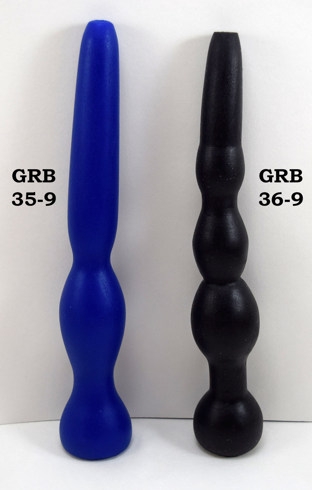 Side-by-side vertical comparison of the blue GRB 35-9 and black GRB 36-9 silicone colon nozzles.