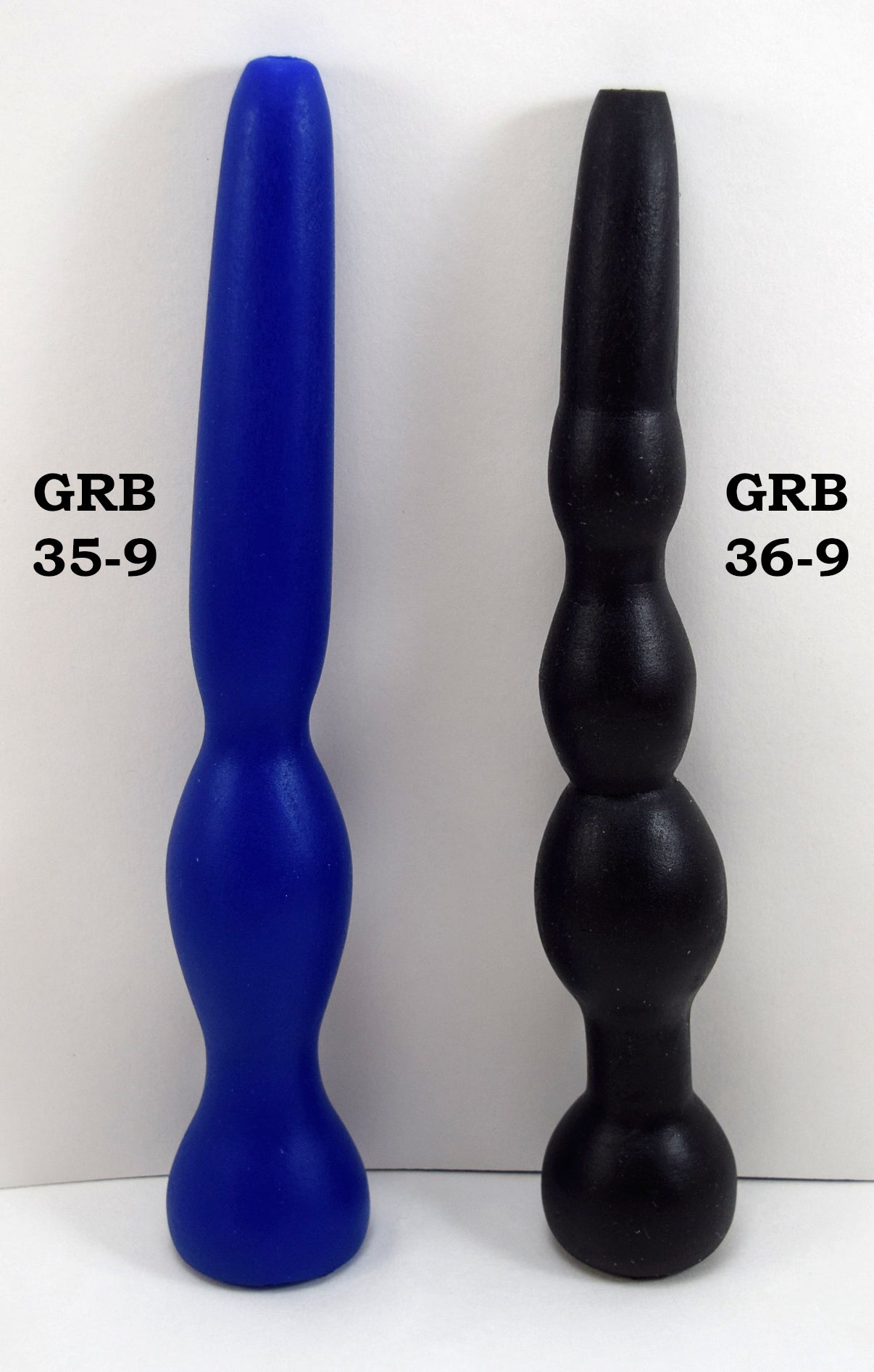 Side-by-side vertical comparison of the blue GRB 35-9 and black GRB 36-9 silicone colon nozzles.