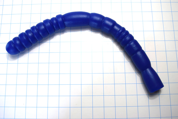 Blue Grub 17-inch ribbed retention-style silicone nozzle with sensory valleys and a deep-V flange base on a white grid background