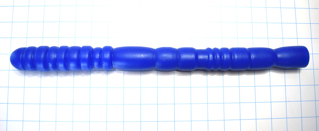 Blue Grub 17-inch ribbed retention-style silicone nozzle with sensory valleys and a deep-V flange base on a white grid background