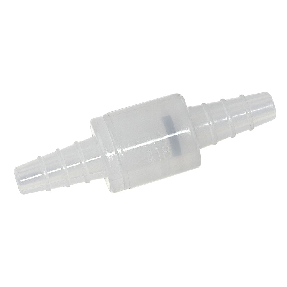 Kartell translucent polypropylene metric one-way check valve with stepped barbed ends for 8mm to 10mm ID tubing.