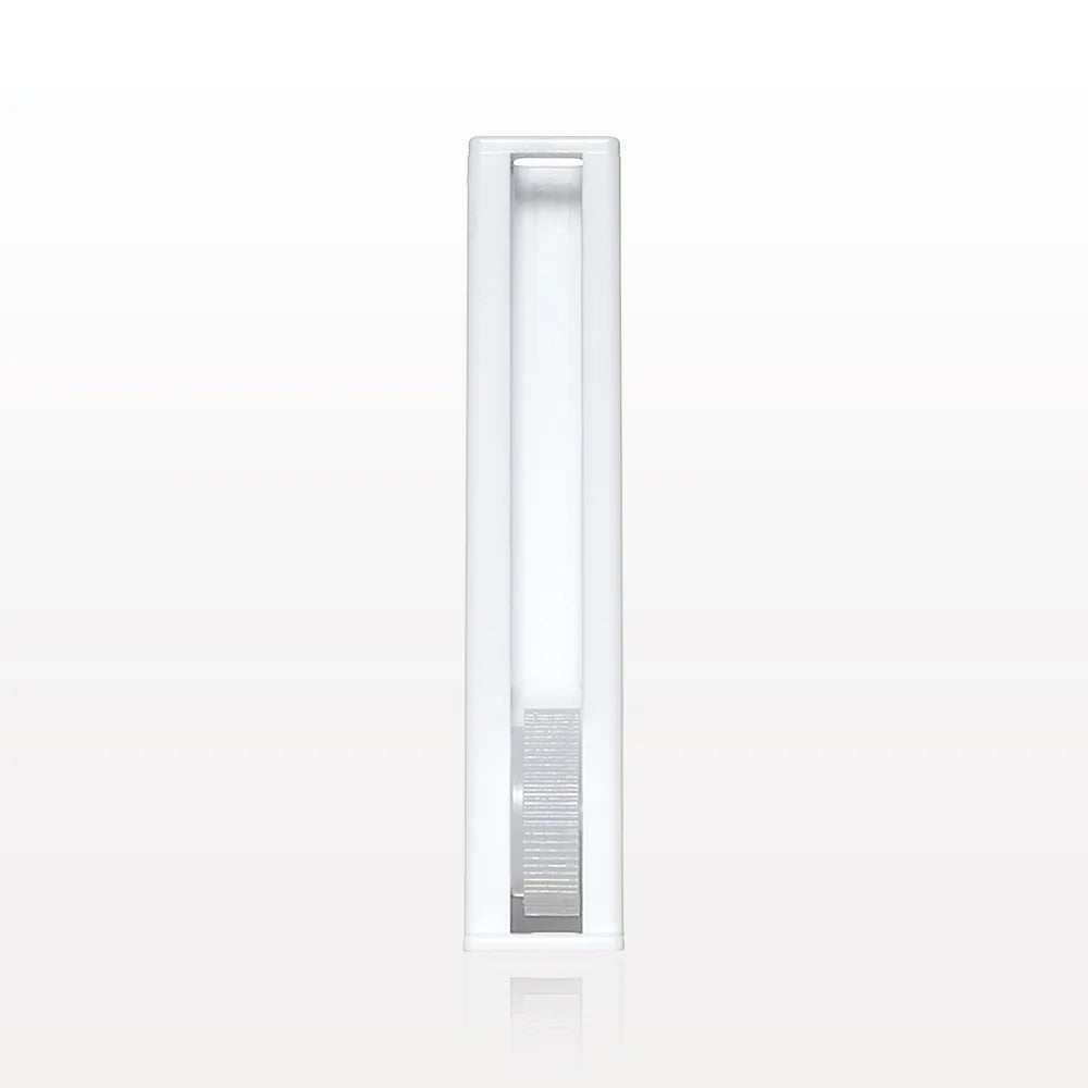 Large white precision-control roller-style ramp tubing flow clamp isolated on a clean white background.