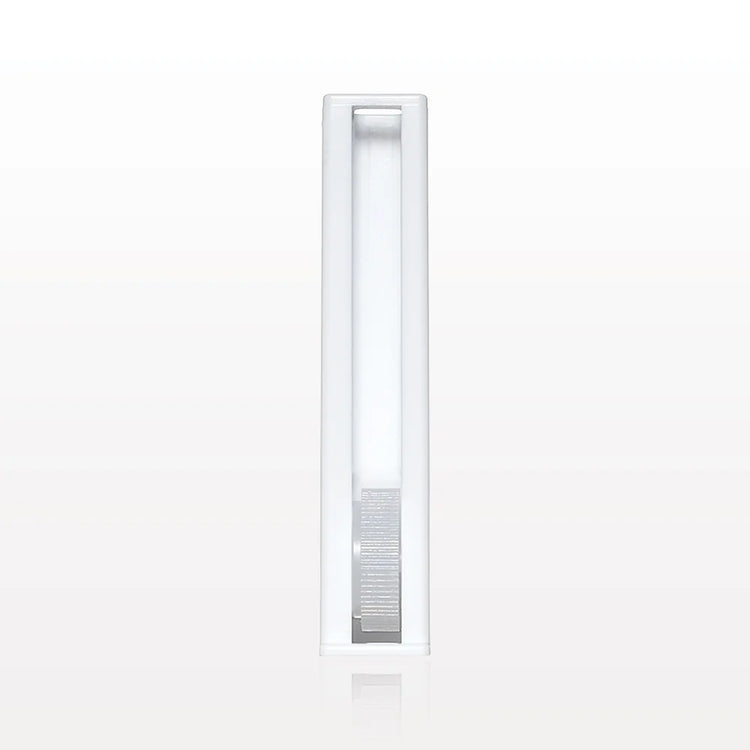 Large white precision-control roller-style ramp tubing flow clamp isolated on a clean white background.