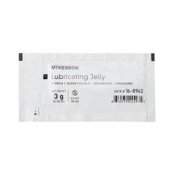 Single 3 gram sterile packet of McKesson water soluble lubricating jelly.