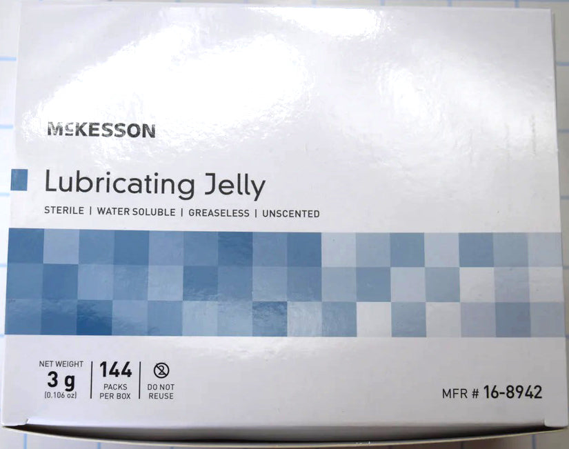 Box of 144 McKesson 3g sterile water soluble lubricating jelly foil packets.