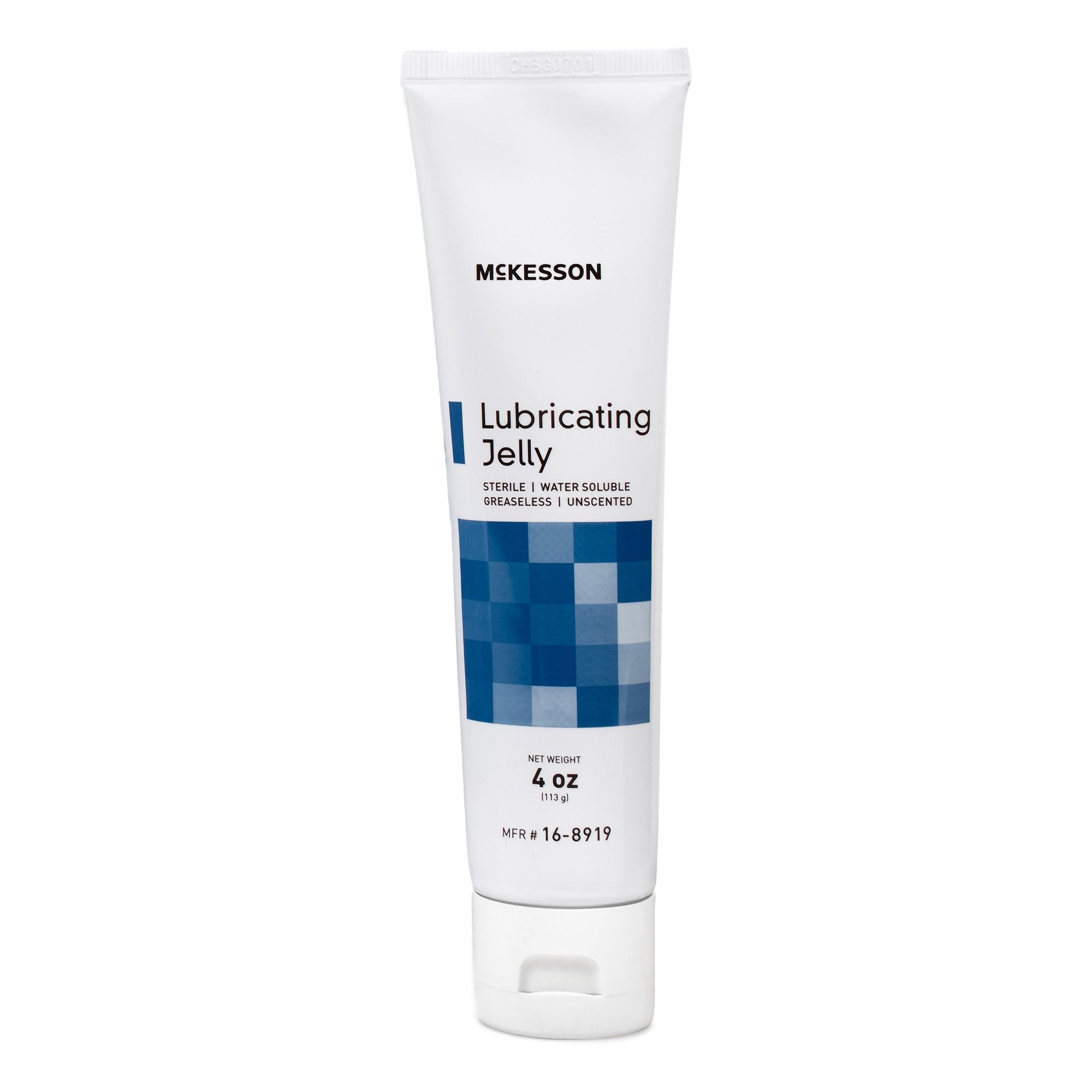 Front view of a 4 oz flip-cap tube of McKesson sterile water soluble lubricating jelly.