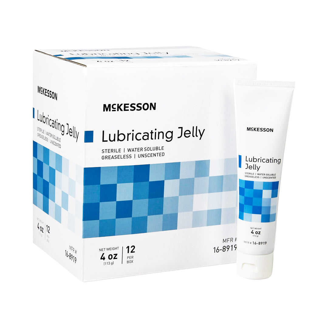 McKesson sterile water soluble lubricating jelly showing the 4 oz flip-cap tube alongside the 12-pack retail box.