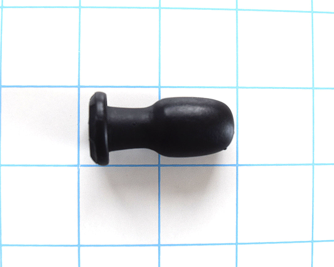Nubby Plug ultra-compact black silicone retention plug showing its 18mm bulbous tip, 12mm neck valley, and flat safety flange on a blue grid background