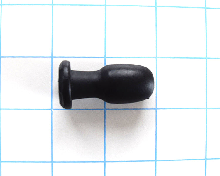 Nubby Plug ultra-compact black silicone retention plug showing its 18mm bulbous tip, 12mm neck valley, and flat safety flange on a blue grid background