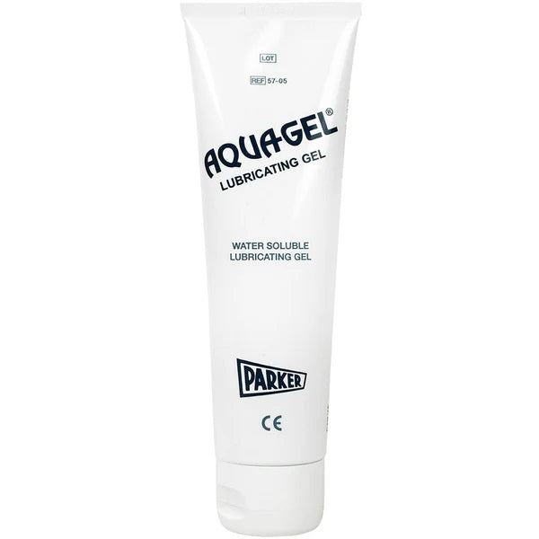 5 oz tube of Parker Aquagel water soluble lubricating gel isolated on a white background.
