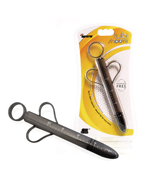 Reusable personal lubricant applicator syringe with finger loops and cap next to retail card packaging on a white background.