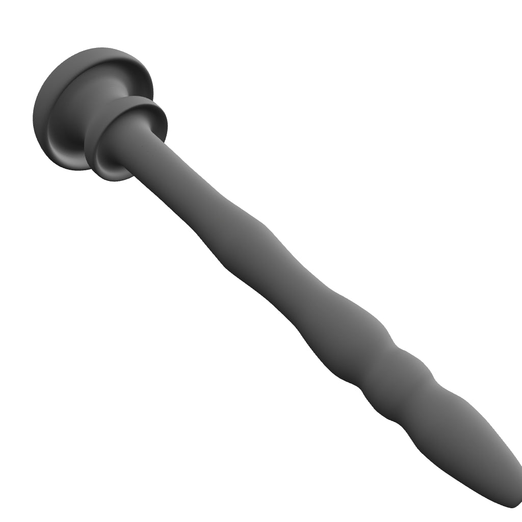 3D interactive model of the SSND-Chastity 8mm original 2.75-inch silicone urethral sound showing undulating ribs, retention grooves, and safety flange base.