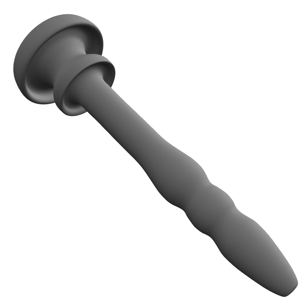 3D interactive model of the SSND-Chastity 8mm short 2-inch silicone urethral sound featuring undulating ribs, a retention groove, and a safety flange base.
