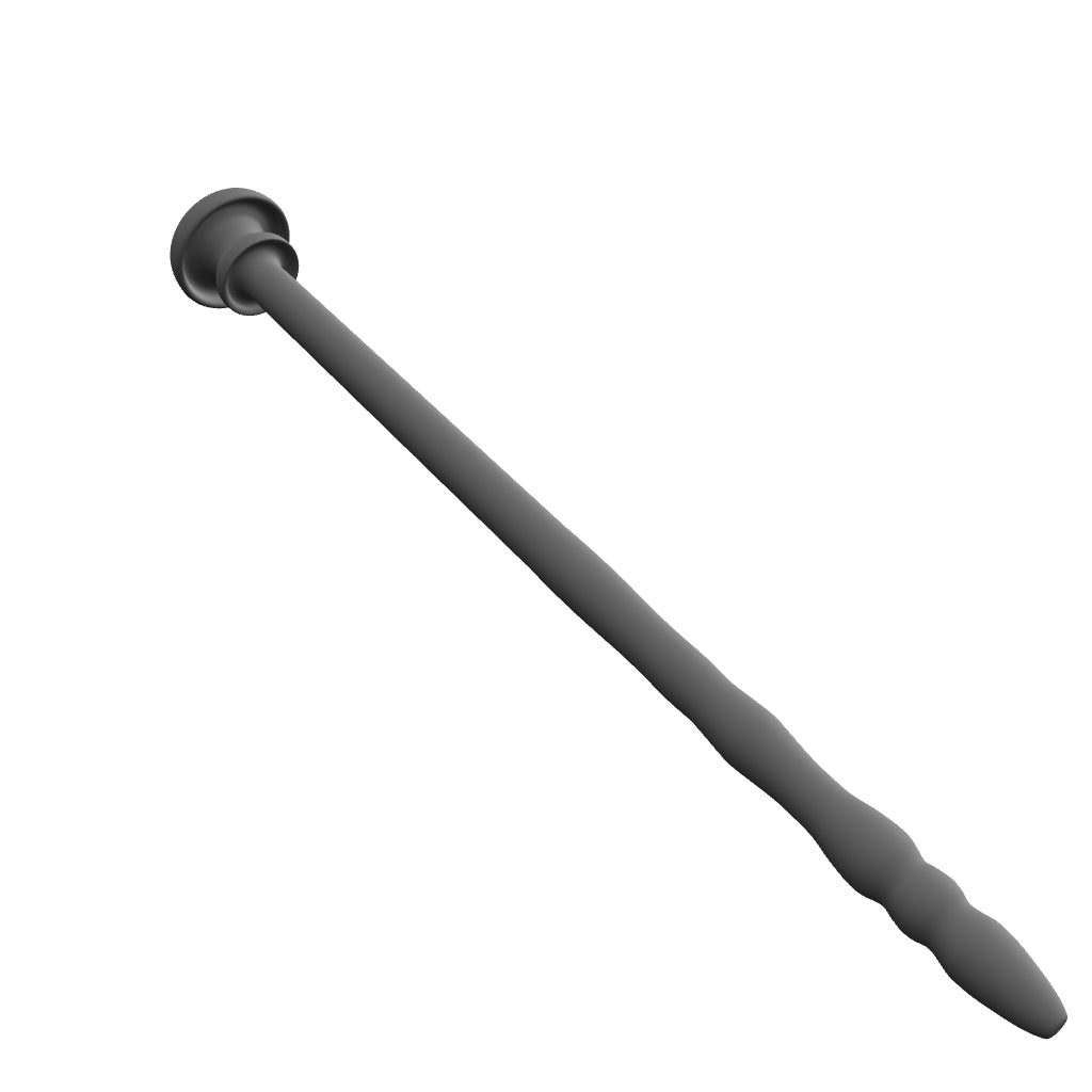 3D interactive model of the SSND-Chastity 8mm long silicone urethral sound featuring undulating ribs, retention grooves, and safety flange base.