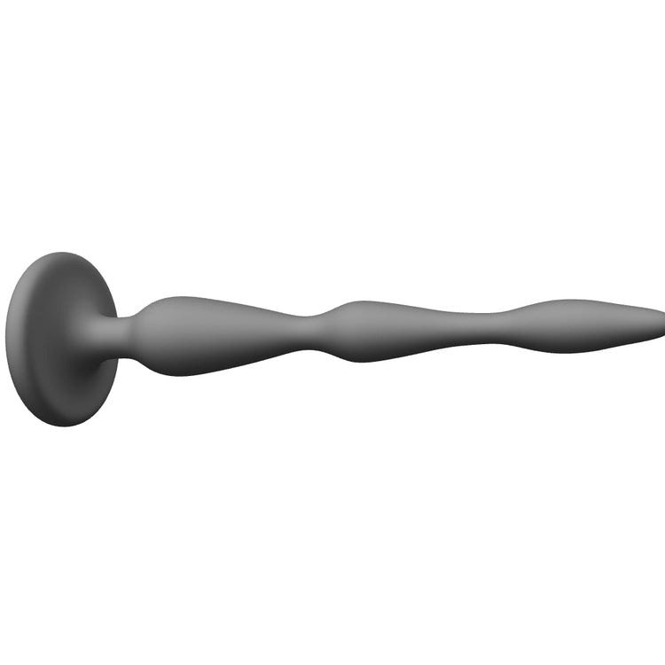 SSND-SHRTCATH 7-12 short silicone urethral sound featuring a 4.5mm tip, three cascading expansion peaks scaling up to a 12mm retention ball, deep relief valleys, and a wide 27mm flat safety flange.