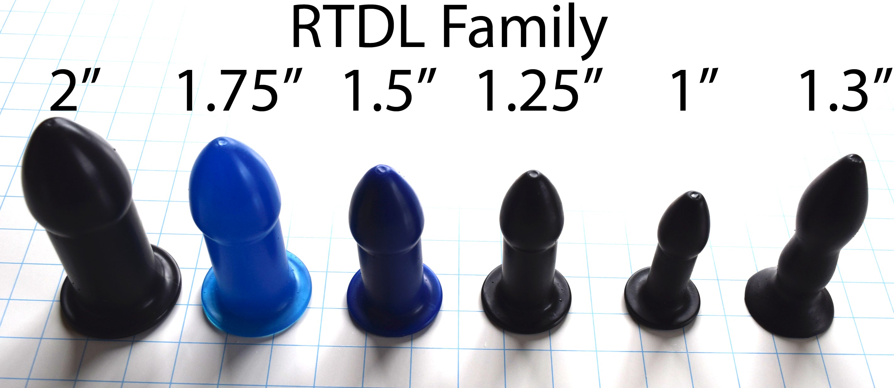 A row of six RTDL silicone retention enema nozzles from 2 inches down to 1.3 inches standing angled on a blue grid base.