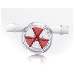 Clear inline liquid flow indicator with a small red wagon wheel spinner paddle and single barbed ends isolated on a white background.