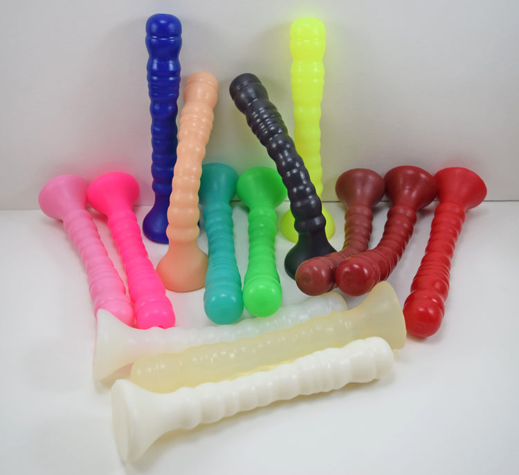 Assortment of Small Ribbed Shaft silicone enema nozzles displayed in various vibrant colors including pink, blue, black, and green.
