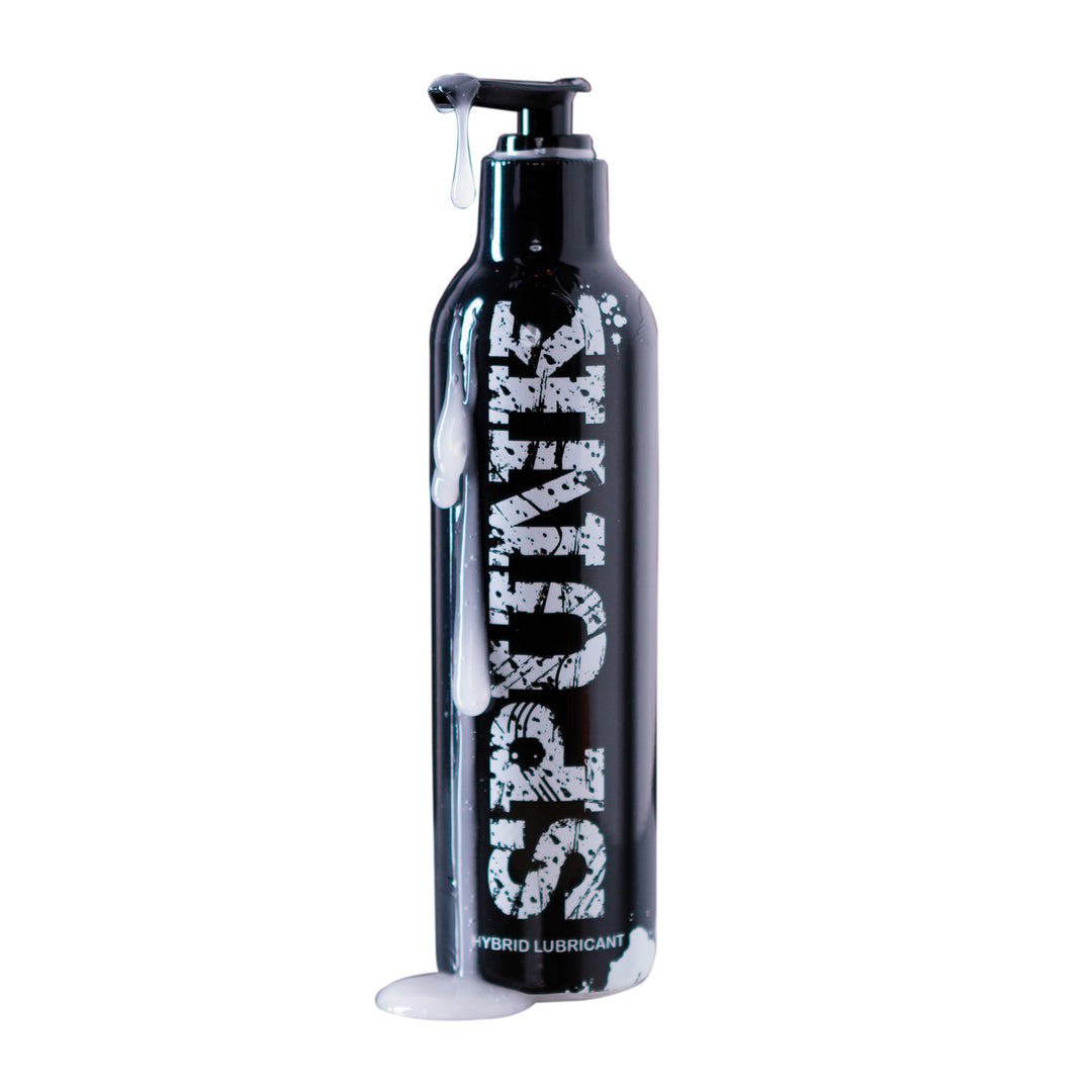 4 oz black pump bottle of SPUNK Hybrid creamy white personal lubricant on a white background.