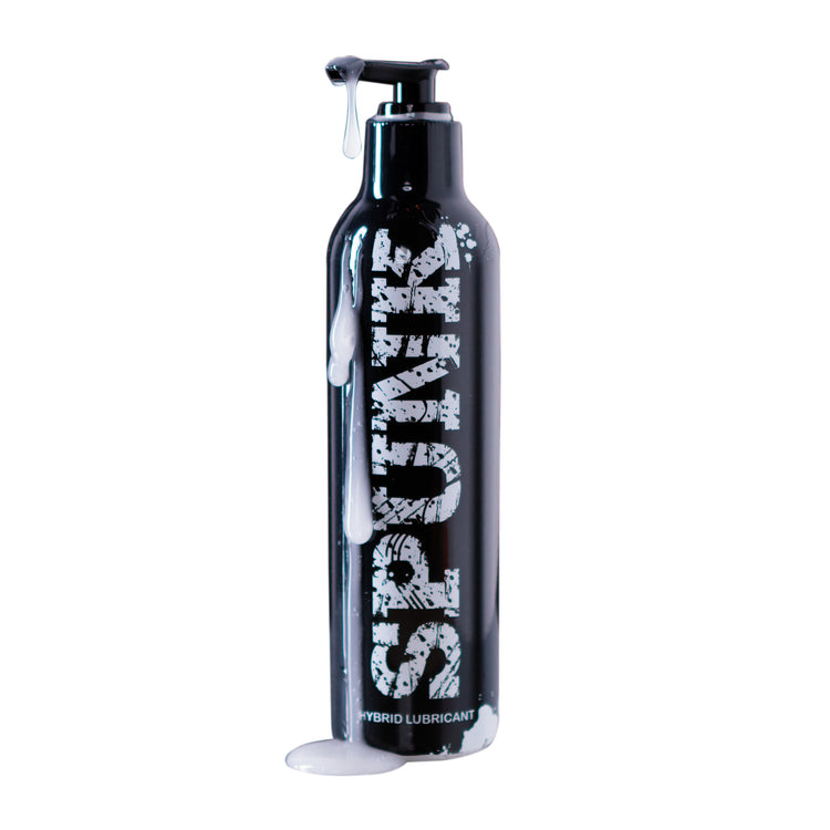 4 oz black pump bottle of SPUNK Hybrid creamy white personal lubricant on a white background.