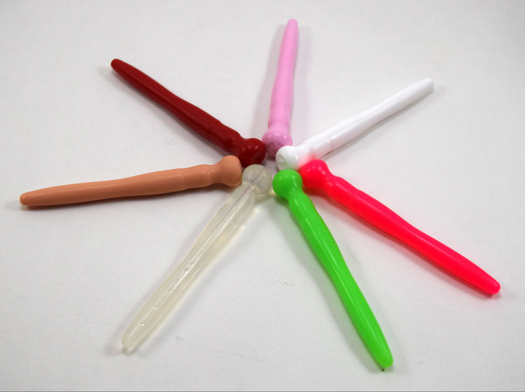 Multicolored silicone urethral sounds arranged in a circular starburst pattern showing available color options.
