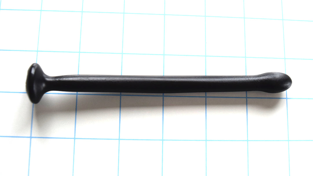 SSND-BMK4 custom silicone urethral sound plug displaying its 12mm enlarged ball tip, 10mm uniform relief shaft, 8mm retention valley groove, and wide flanged safety base