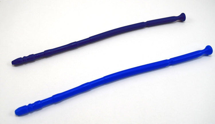 Two shades of blue 13-inch contoured silicone sounds with multi-faceted tips displayed on a plain white background.