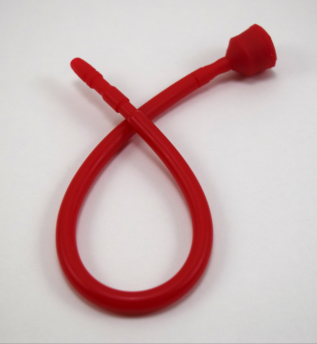 A red 13-inch contoured silicone sound looped into a ribbon shape against a solid white background.