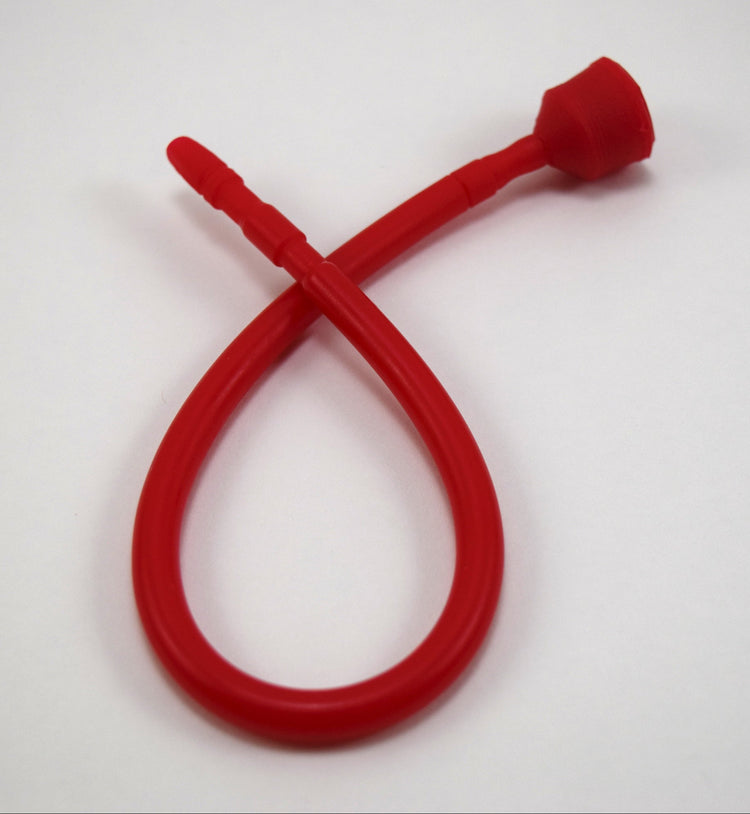 A red 13-inch contoured silicone sound looped into a ribbon shape against a solid white background.