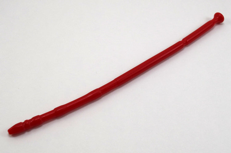 A red 13-inch contoured silicone sound with a multi-faceted tip lying diagonally on a plain white background.