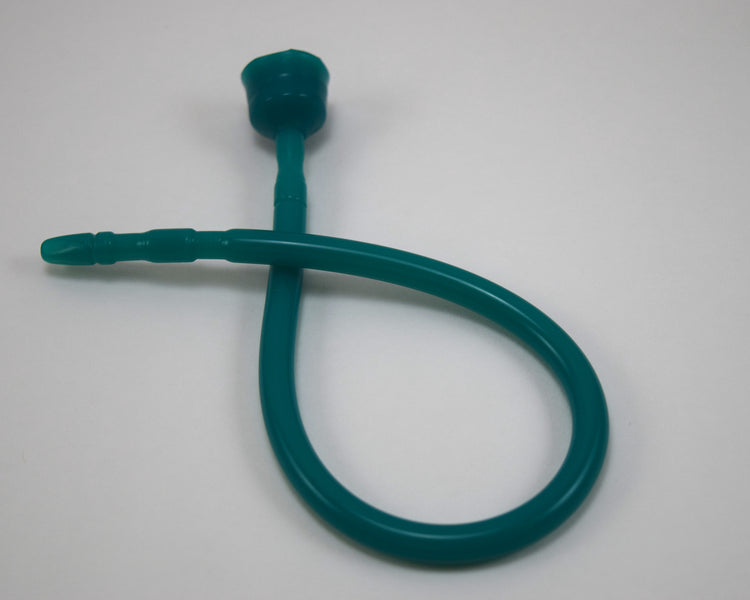 A teal 13-inch contoured silicone sound looped into a ribbon shape against a solid white background.