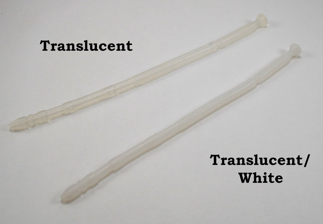Translucent and translucent-white 13-inch contoured silicone sounds with multi-faceted tips on a plain white surface.
