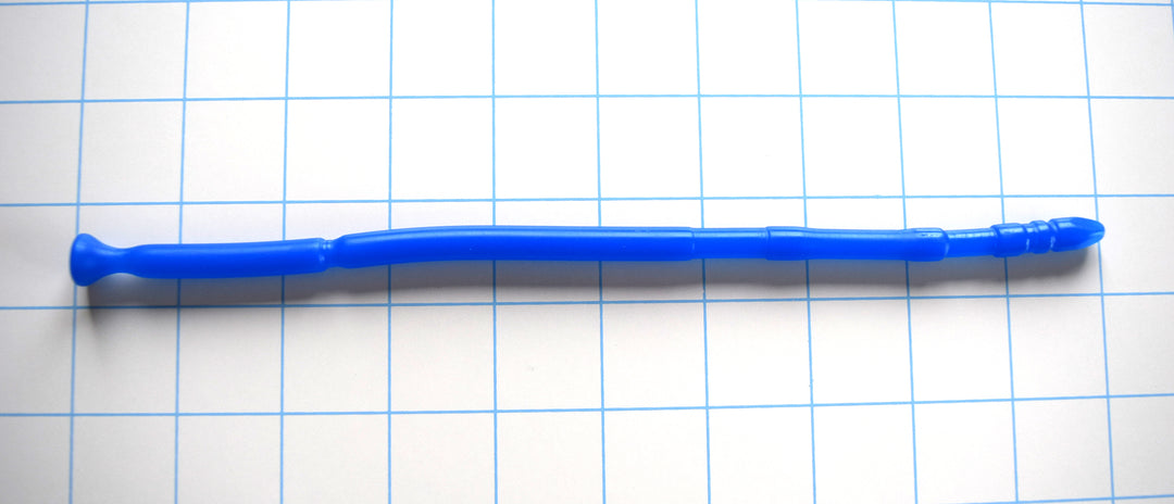 SSND-CNTRD9 sensory-enhanced blue silicone urethral sound shown horizontally on a grid background, highlighting its 4-sided multi-faceted tip, alternating 7.2mm and 8mm contour nodes, 6mm relief grooves, and final retention safety flange base