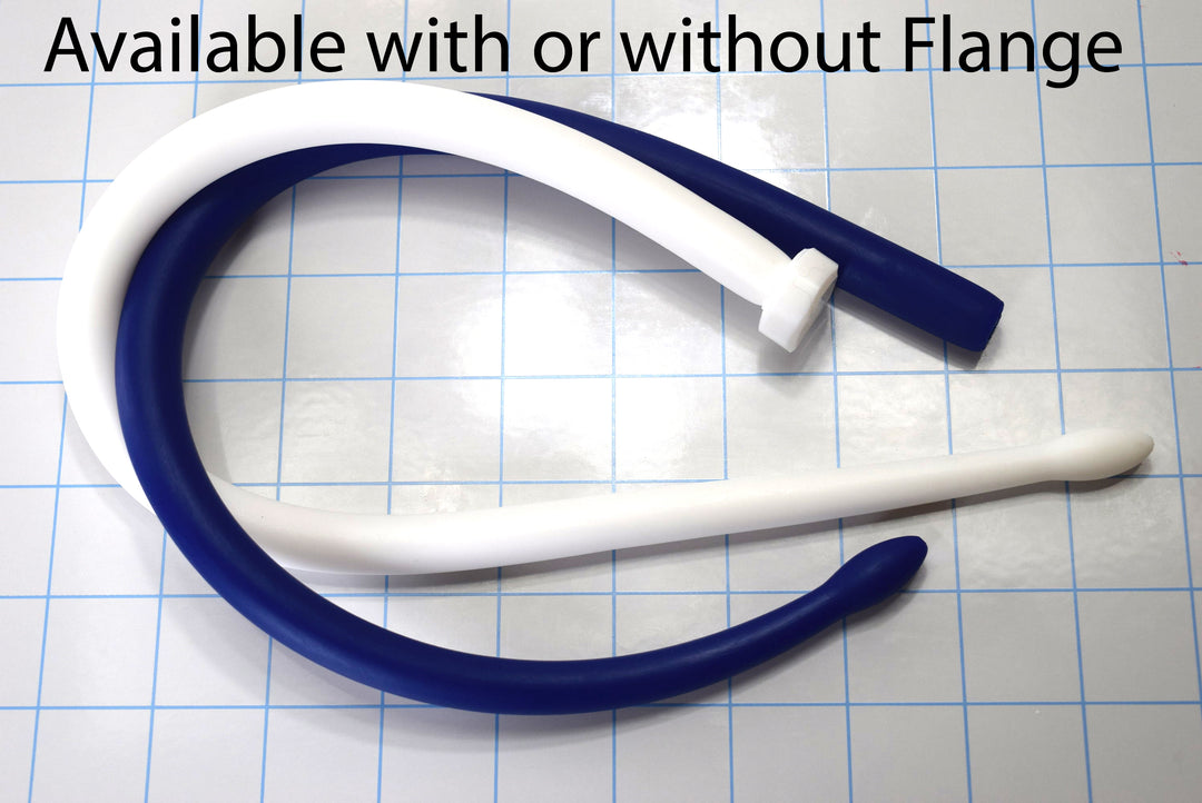 Blue and white SSND-DRUMSTICK silicone sounds with contoured drumstick-style tips shown curved on a grid, illustrating options available with or without a safety flange.