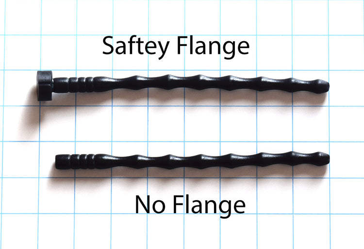 SSND-GARTER urethral sounds displayed horizontally in pink, peach, and red variants on a grid background highlighting the 7mm tapered tip, 6 contoured wave segments peaking at 10.5mm, and the distinctive 3-barrel rib safety base flange.