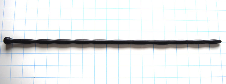 SSND-JAS4-EXTENDED 18-inch flexible black silicone urethral sound shown horizontally on a grid background from Screenshot 2026-07-02 124914.jpg, highlighting its 10mm egg-shaped entry tip, an array of repeating 10mm sensory swells, 8mm sloped valleys, and a large 16mm ball safety flange
