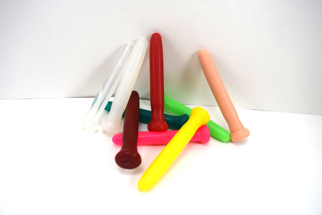 SSND-JWW 2 silicone stretching sounds arranged in multiple colors showing rounded tips and retention valleys.