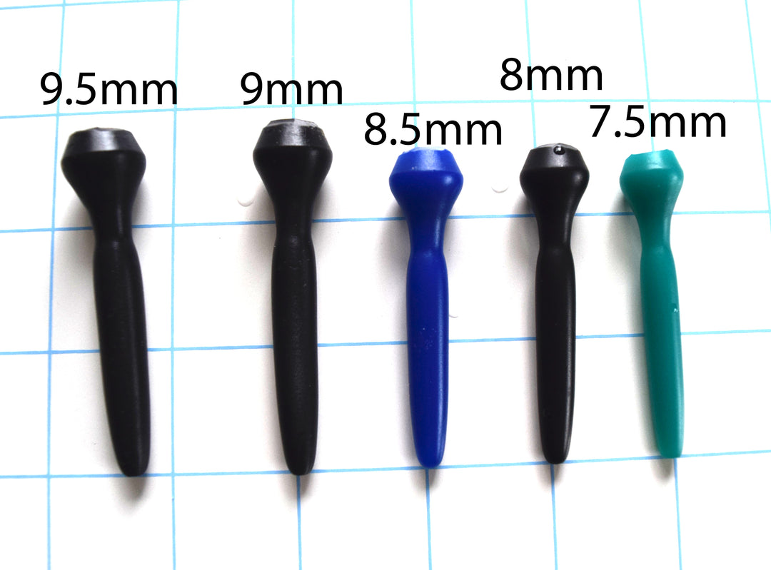 Five silicone JWW series short urethral stretching sounds ranging from 7.5mm to 9.5mm arranged on a blue grid background with size label overlays