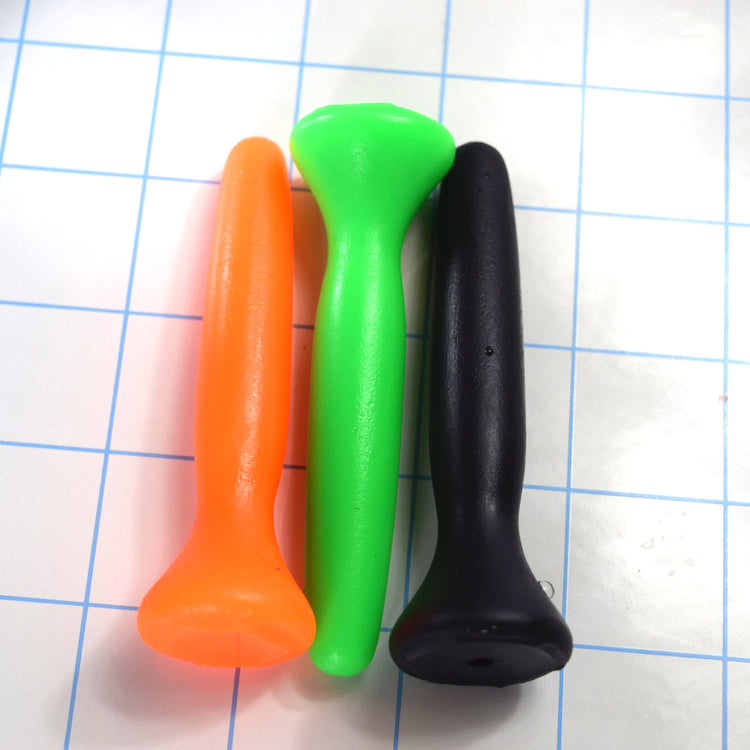 SSND-JWW 7 silicone urethral sound shown vertically in three color options—orange, bright green, and black—on a white background with a 1"x1" blue grid layout, displaying the 14.5mm peak diameter shaft, 11.8mm retention valley, and flared safety flange base