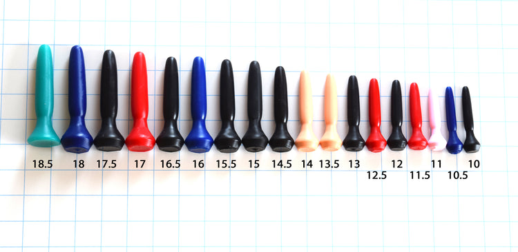 Size chart showing the complete JWW series short silicone urethral stretching sounds lined up sequentially from 10mm to 18.5mm across various colors.