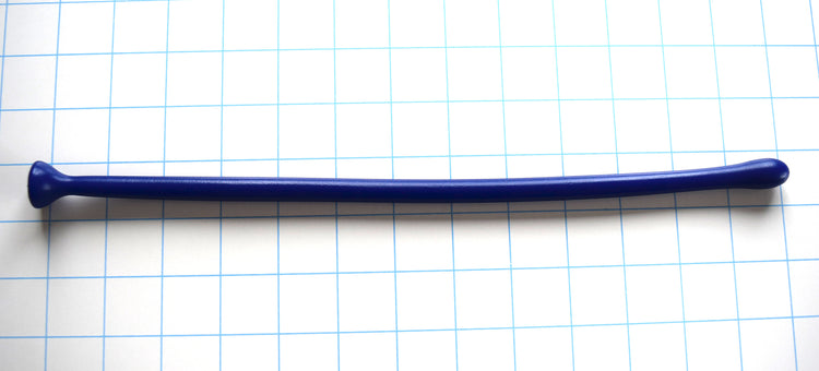 SSND-MGCWAND12 advanced blue silicone urethral sound shown horizontally on a white background with 1"x1" blue grid squares from Screenshot 2026-07-02 162506.jpg, showcasing its 13.6mm bulbous entry tip, 9.8mm slender tracking shaft, 13-inch insertable length, and integrated safety base.