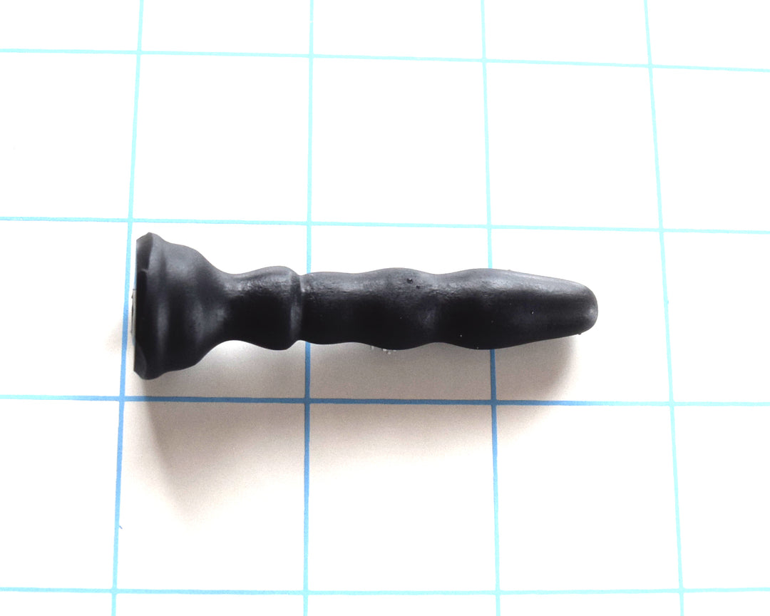 SSND-Nubby Cath short silicone urethral sound shown horizontally on a white background with 1"x1" blue grid squares from Screenshot 2026-07-02 133124.jpg, highlighting its 7mm tip, rapid 11.2mm, 11mm, 10mm, and 11.5mm ribbed expansions, 9mm retention valley, and wide 16.5mm safety flange.