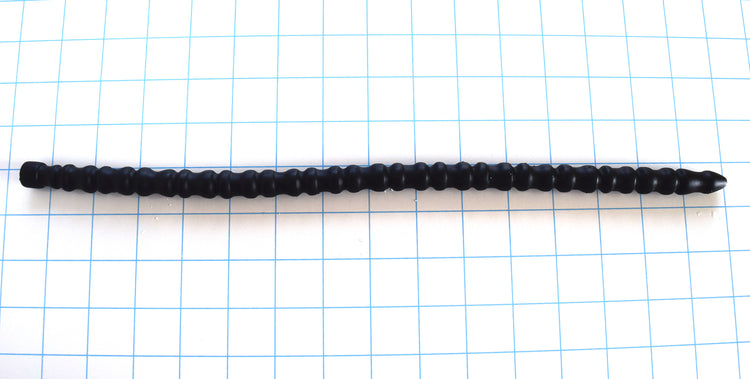 SSND-RNDMRIB expanded random ball silicone urethral sound featuring 33 alternating ribbed sections measuring 14.5 to 15.5mm, a 10mm tapered entry tip, an 11mm retention valley, and a 15-inch insertable length on a blue grid background.