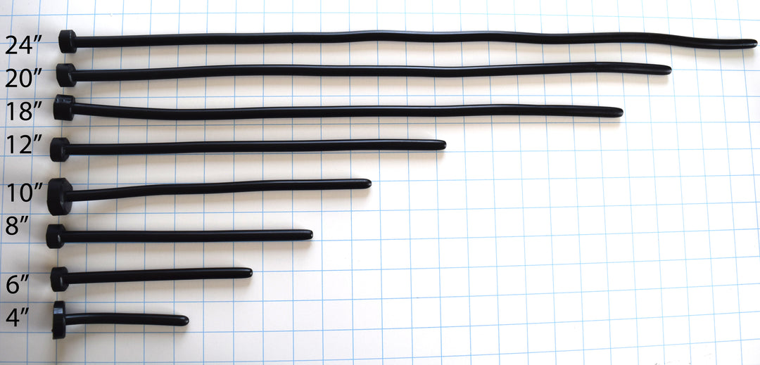 SSND-The Rod 9.5mm smooth straight black silicone urethral sounds displayed in a stacked vertical arrangement showing 4, 6, 8, 10, 12, 18, 20, and 24 inch length options horizontally on a grid background, highlighting their uniform cylindrical shafts, rounded tips, and flat safety base flanges