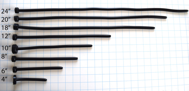SSND-The Rod 9.5mm smooth straight black silicone urethral sounds displayed in a stacked vertical arrangement showing 4, 6, 8, 10, 12, 18, 20, and 24 inch length options horizontally on a grid background, highlighting their uniform cylindrical shafts, rounded tips, and flat safety base flanges