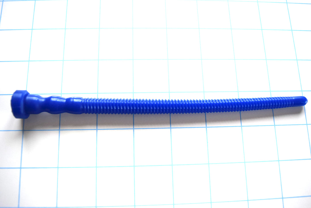 Dark blue silicone SSND-THREADED12 urethral sound with unique threaded design, showing tapered tip and threaded shaft expanding to 11.5mm ball, 19cm total length.