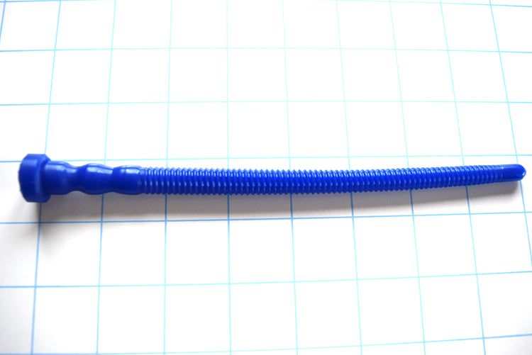 Dark blue silicone SSND-THREADED12 urethral sound with unique threaded design, showing tapered tip and threaded shaft expanding to 11.5mm ball, 19cm total length.
